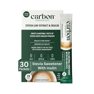 Carbon Sweeteners Stevia Powder Sweetener Packets with an Inulin Supplement - Good Source of Prebiotics That Supports Improved Gut Health, 30 Count Pack of 1