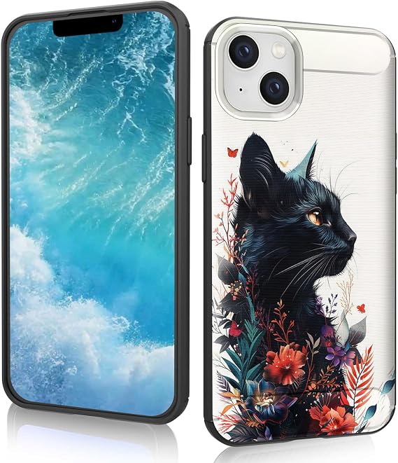 for iPhone 15 Case,Fashion Shock-Absorption Flexible TPU Bumper Soft Rubber Protective Phone Case Cove for iPhone 15 6.1" 2023,Black Cat and Flowers