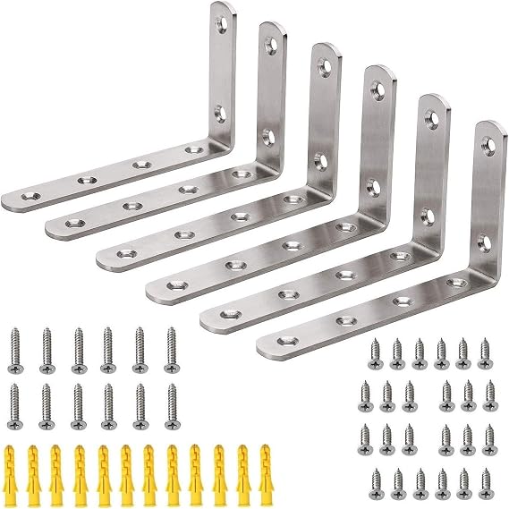 6 Pack Heavy Duty Right Angle Bracket Stainless Steel L Shaped Corner Brace Joint Wall Shelf Support, 125mm×75mm, Screws Included
