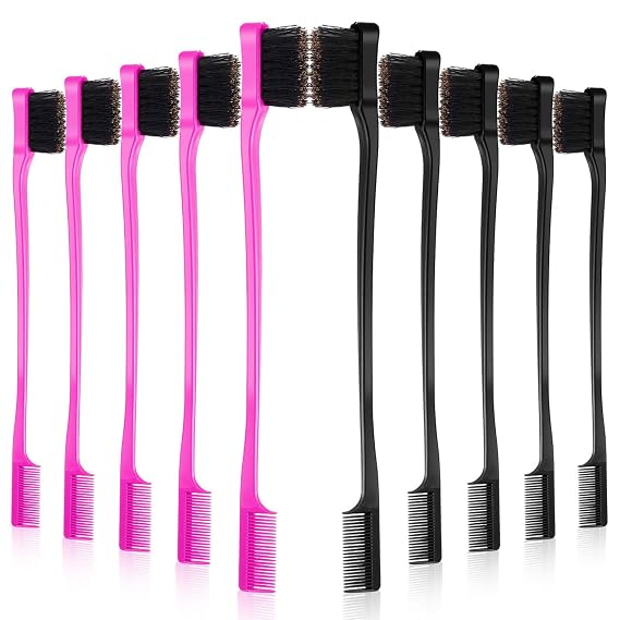 BBTO 10 Double Sided Edge Control Hair Edge Brush and Comb Combo Pack, Smooth Grooming for Women and Girls(Rose and Black)