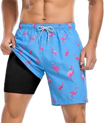 American Trends Men's Swim Trunks 7 Inch with Compression Liner - Quick Dry UPF 50+ Beach Bathing Suit for Men