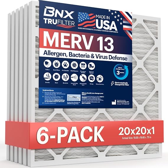 BNX TruFilter 20x20x1 Air Filter MERV 13 AC Filter, HVAC Furnace Filter, 6 Pack (ACTUAL SIZE 19.69"x19.69"x0.75") Allergies, Dust, Pet Dander & Smoke - MADE IN USA - MPR1500 / FPR 10