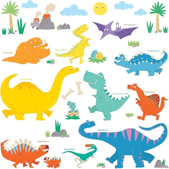 DECOWALL DW-1703 Colourful Dinosaur Kids Wall Stickers Wall Decals Peel and Stick Removable Wall Stickers for Kids Nursery Bedroom Living Room d?cor Dino Boys Art Baby playroom Vinyl Decorations