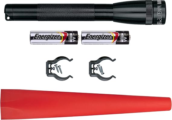 MAGLITE Safety Pack - MINI MAG 2-Cell AA LED Flashlight, Black, Compact, IP2201G Wand, Red