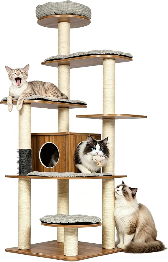 Modern Solid Wood Cat Tree for Large Cats 69" Tall Cat Tower Cat Furniture