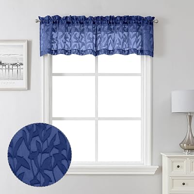 Lecloud Leia Dusty Blue Sheer Valance for Windows 14 Inch Length 2 PCS, Dual Rod Pockets Living Room Bedroom Short Curtains, Jacquard Clip Textured Leaf Window Treatments, 40 W x 14 L
