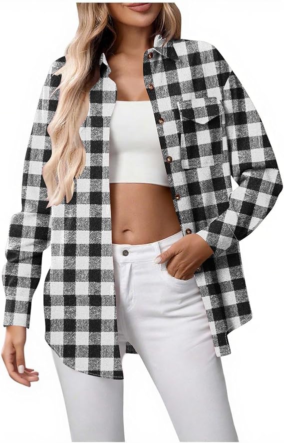 Flannel Shirt Women Trendy Button Down Long Sleeve Plaid Shirts Lightweight Collared Checkered Shackets with Pocket