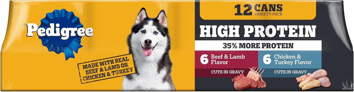 Pedigree High Protein Wet Dog Food, Adult Soft Canned Dog Food Variety Pack, 13.2 oz Cans, 12 Count