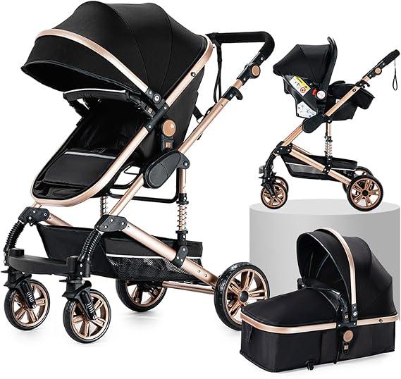 Magic ZC 3 in 1 Pushchair Pram Travel System, Baby Stroller 3 in 1 with Reversible Two Pushing Modes, Newborn Infant Carriage One-Click Folding, Toddler Buggy Aluminum Frame (739 Black Gold)