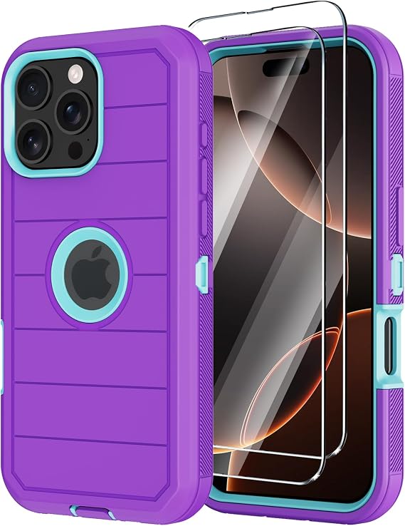 for iPhone 16 Pro Max Case with Screen Protector,Heavy Duty 3-Layer Military Grade Drop Protection Cases,Full Body Shock-Absorbing Dust Proof Rugged Bumper Phone Cover for Apple 16 Pro Max (Purple)