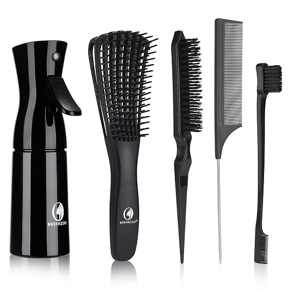 Hair Brush Set, Hair Brushes for Women Men kid Wet Dry All Hair Detangling Parting Styling, Brush Set with Detangler Brush, Edge Brush, Teasing brush, Rat Tail Comb (Black)