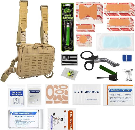 Kitgo First Aid Chest Pack, Molle EDC EMT Utility Pouch with 84 Piece First Aid Kit & Survival Gear Tool for Hunting Hiking Camping Adventure Fishing Military Tropical Storms (Khaki)