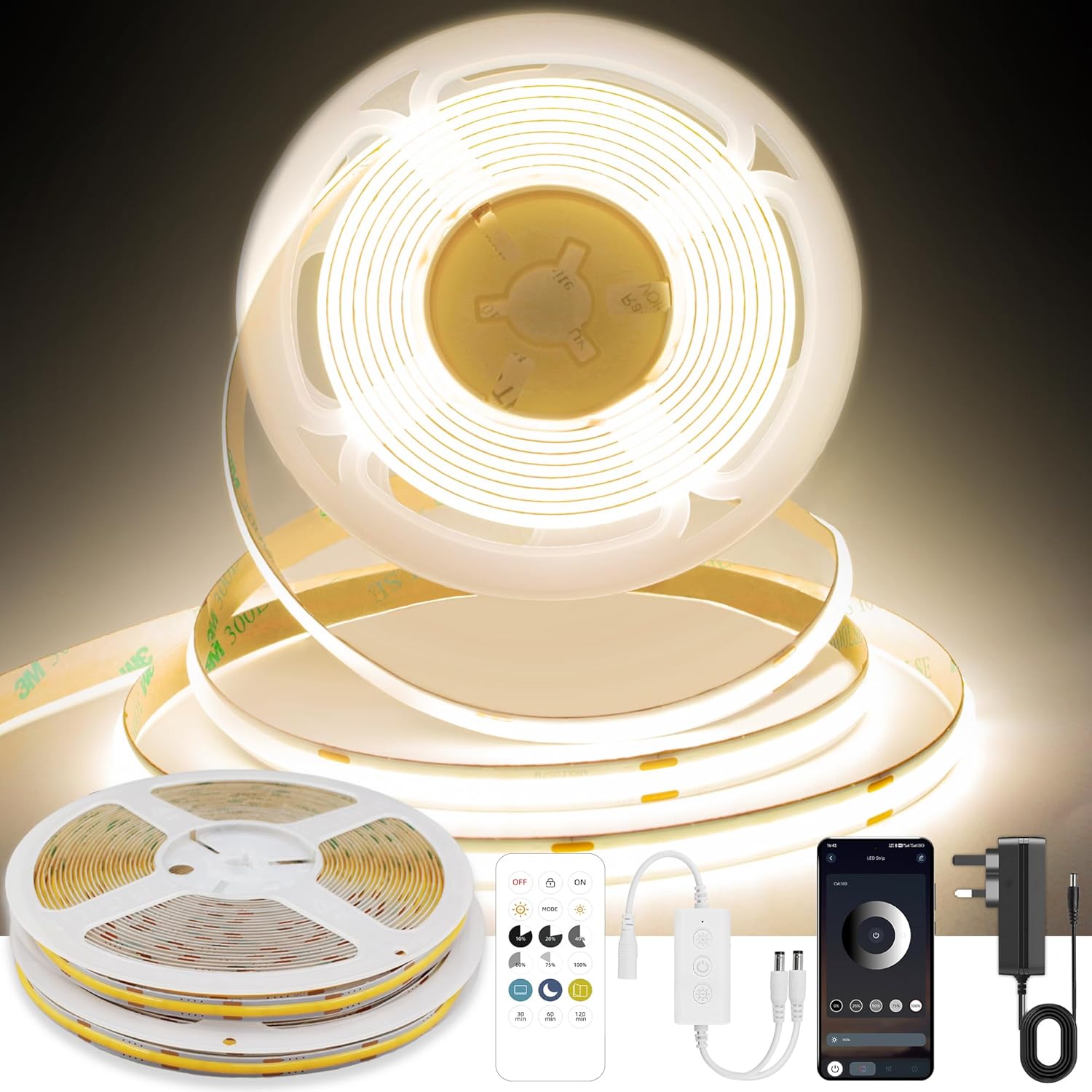 Dotless COB LED Strip15M,24V Dimmable Flexible LED Light Strip with App & Remote,Warm White 3000K,CRI>90,8mm Cuttable Self-Adhesive COB Tape for Kitchen,Bedroom,Mirrors Decoration [Energy Class D]