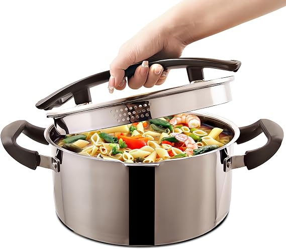 Stainless Steel Cookware Pasta Pot by Cyrder 5 Quart, Strainer in Glass Lid, Two Side Spouts, Capsule Bottom Stock Pot, Durable & dishwasher safe