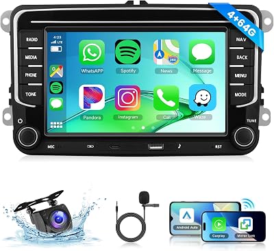 [4G64G] Android Car Radio for Volkswagen VW Jetta Passat Golf Beetle Polo Caddy Tiguan Touran for SEAT for Skoda with Wireless CarPlay Android Auto, 7 Inch Car Radio with Bluetooth,GPS,WiFi,Camera