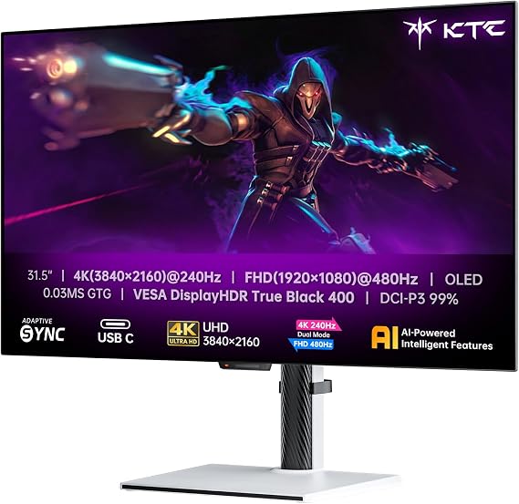 KTC 32 Zoll 4K OLED Monitor Dual Modus 4K@240Hz/1080P@480HZ Gaming Monitor 003ms FreeSync/G-Sync HDR Ture Black 400 HDMI 2.1 DP 1.4 65W USB C 3 x USB A 3.0 KVM