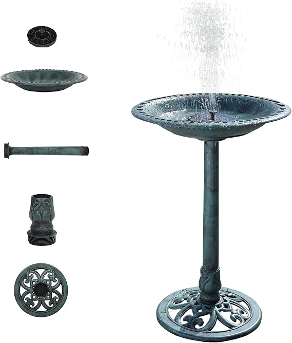 VINGLI 28 Inch Pedestal Bird Bath Solar Fountain Birdbaths with Steel Ground Anchors Weather Resistant Resin Antique Green Garden Decor for Outdoor Lightweight Courtyard...