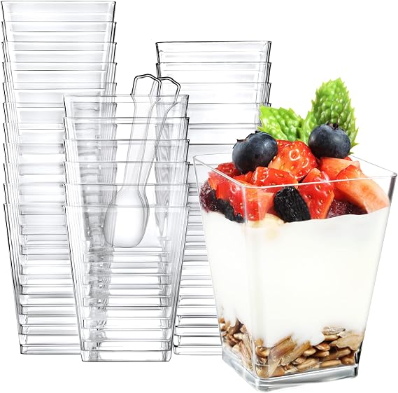 Eupako 100 Pack 5 oz Square Clear Plastic Dessert Cups with Spoons Small Clear Plastic Tumbler Cups Great for Desserts, Appetizers, Puddings, Mousse, Parfait