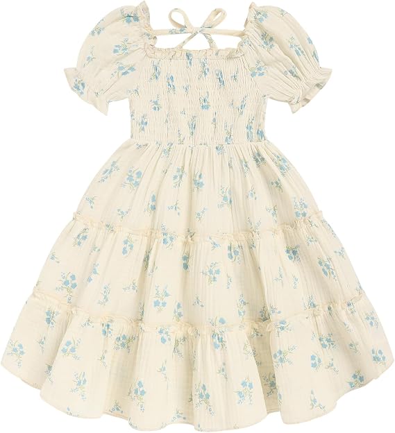 Toddler Girl Dress Short Sleeve Kids Floral Smocked Square Neck Beach Sundress | Summer Fashion Dresses 2-7Y