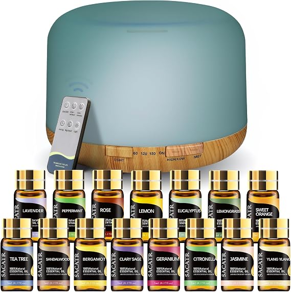 SACATR 500ml Compact Oil Diffuser with 15 Aromatherapy Grade Essential Oils