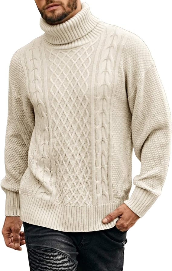 Mens Turtleneck Sweater Pullover Twisted Pattern Casual Loose Fit Thick Winter Long Sleeve Cable Knit Sweaters