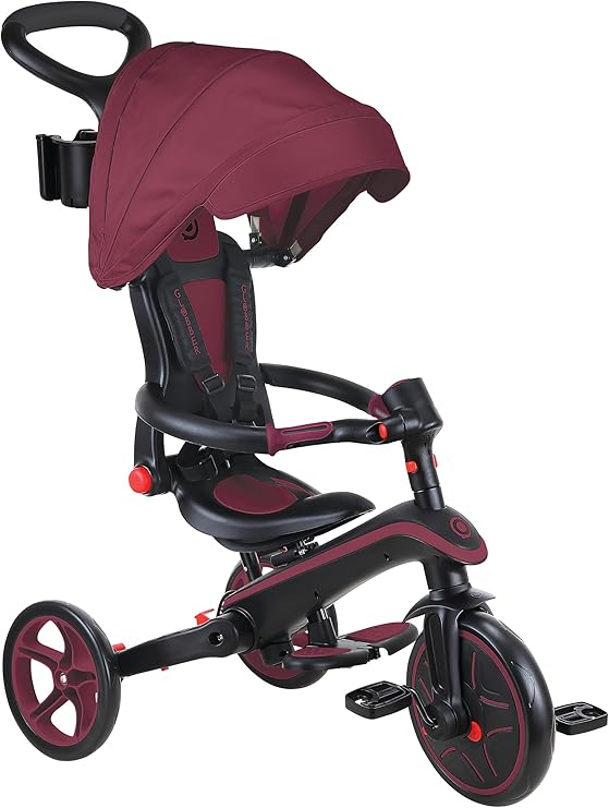 GLOBBER Explorer Trike Katlanabilir 4'ü 1 Arada Koyu Kırmızı – Üç Tekerlekli Bisiklet ve Bebek Arabası 10/8,5 inç – TPR Koltuk – Yüksekliği Ayarlanabilir Çocuk Arabası