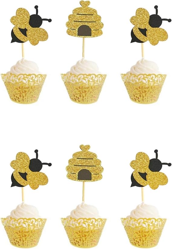 WallyE Bumble Bee Birthday Party Cupcake Topper in Glitter Bee and Honeycomb Shape, 12 Pack