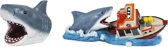 Penn-Plax Jaws Officially Licensed 2-Piece Aquarium Ornament Bundle  with Boat Attack and Shark Swim-Through Small