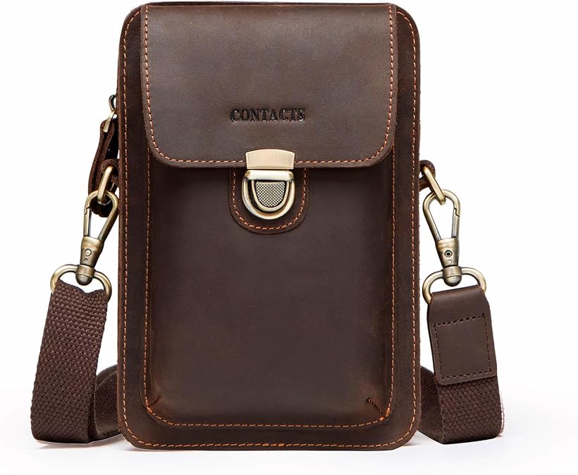 Hiram Men's Leather Phone Bag for iPhone SE, Men's Crossbody Bag, Small Shoulder Bag - Coffee