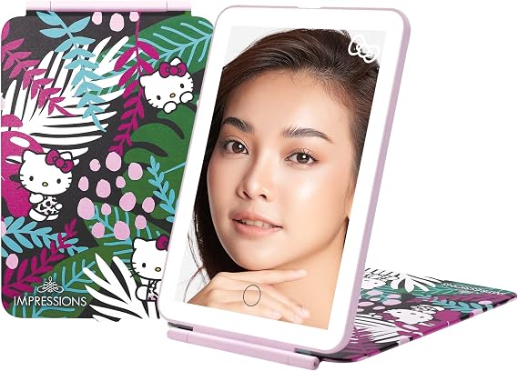 Impressions Vanity Hello Kitty Touch Pad Mini Tri-Tone Makeup Mirror with Animal Print Flip Cover and LED Strip, Travel Vanity Mirror with Touch Sensor Switch and USB Extension (Animal Pink)