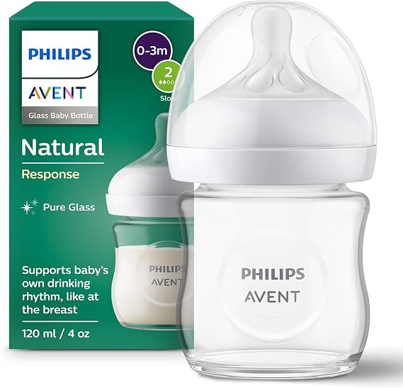 Philips Avent Natural Response Glass Baby Bottle 4oz/120 ml with Slow Flow Teat (Flow 2), SCY930/01