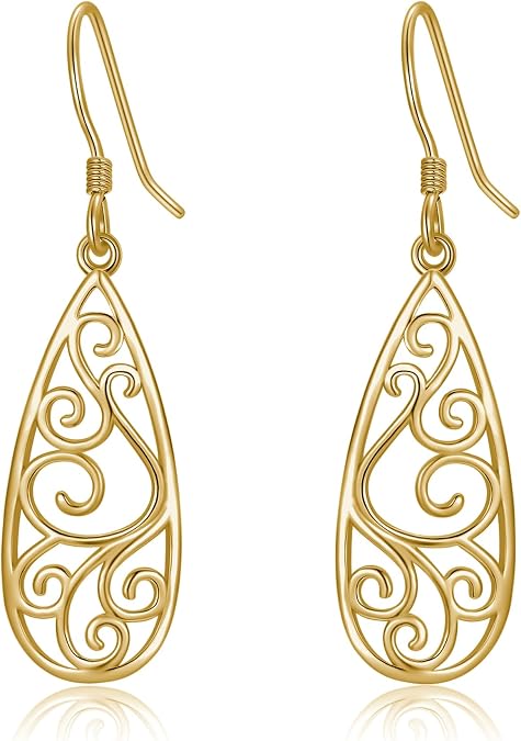 925 Sterling Silver Post Dangle Drop Earrings for Women 18K Gold Plated Filigree Teardrop Dangling Hook Earrings Jewelry for Birthday