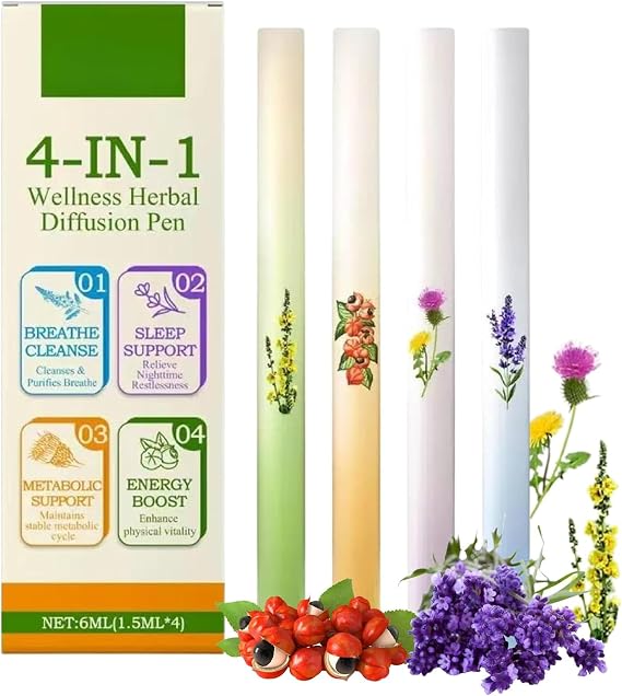 4Pcs Herbal Diffuser Pen, Portable Aromatherapy Inhaler Stick, Dual-Action Herbal Purifier Pen, Plant-Based Vaporless Fum Inhaler for Cleanse, Breathing Aid & Oral Freshening (1Box)