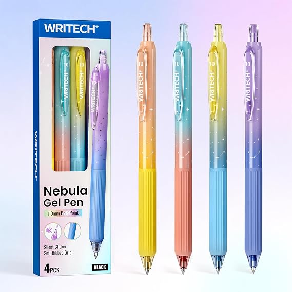 WRITECH Gel Pens Bold Point: 1.0mm Black Ink Retractable 4ct Smooth Writing with Aesthetic Gradient Color Barrel for Journaling Note Taking Silent Click No Smear Nebula Pen Set