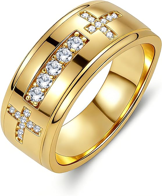 Mens Wedding Band, 18K Gold Plated Rings Non Tarnish Promise Rings For Him Lord's Prayer Cross Ring Father in Law Gifts Round Cut Anniversary Engagement Size 7-14