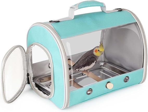 Small Bird Travel Carrier, Portable Bird Cage for Cockatiel Long Tail Parakeet with Metal Tray Soft Mat Wooden Stand Perch (Green, Cylindar Design)