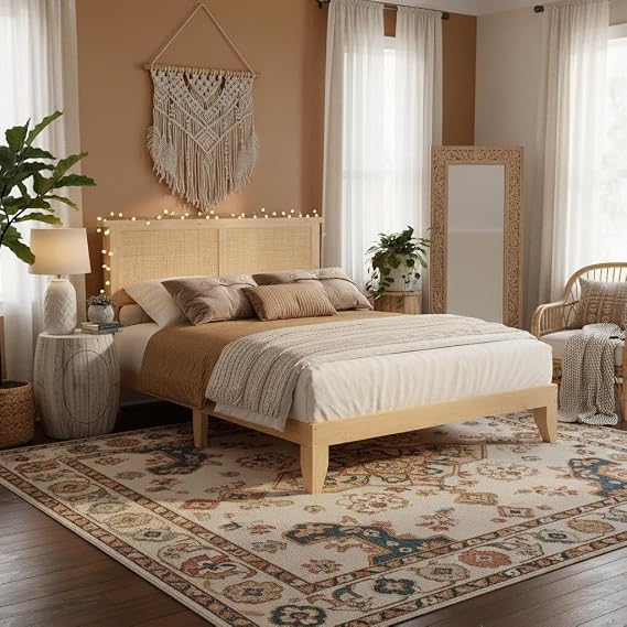 coucheta Bohemian Full Rattan Bed LED Natural Headboard Bedroom