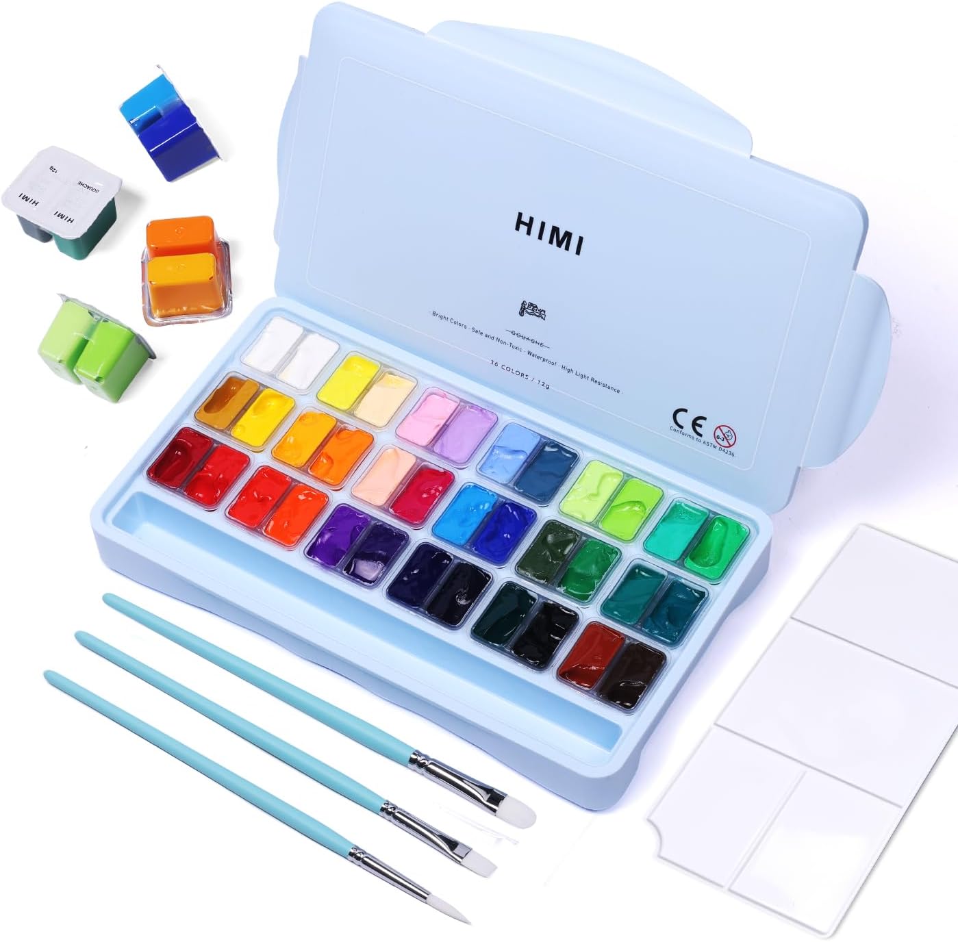 HIMI Gouache Paint Set, 36 Colors x 12ml Twin Jelly Cup Design, 3 Paint Brushes and Palette in Carrying Case, Perfect for Artists, Students, Gouache Opaque Paint