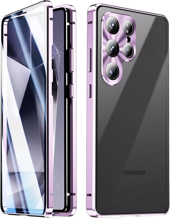 for Galaxy S25 Ultra case,Safety Lock+ Magnetic Adsorption Shockproof Aluminum Bumper Double Sided Case HD Tempered Glass Protector+Matte PC Back Cover,Purple