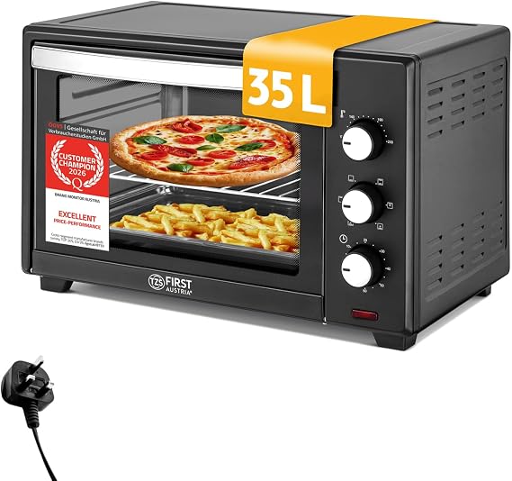TZS First Austria - Mini Oven 35L 1600W - Small Pizza-Oven with stepless temperature control up to 230°C &amp; non-stick coating - Baking-Oven with 60 min. timer, 3 rack levels, baking tray, grill rack