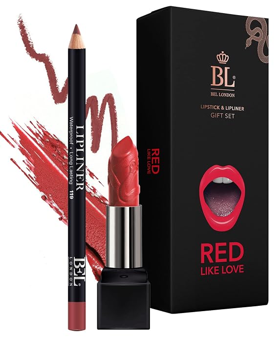 BL Color Matched Lip Liner & Lipstick Set (Red) - Full-Coverage Argan Long Lasting Lipstick and Lip Liner Set With Natural Oils for Nourishment, Hydration, Protection - Chemical-Free