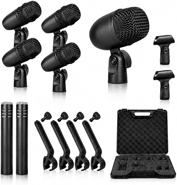 7 Piece Drum Mic Kit, Kick Drum Mic (Whole Metal) for Snare Drums, Cymbals, Electric Guitars, and Percussion Instruments Complete with Thread Clip, Mics Holder