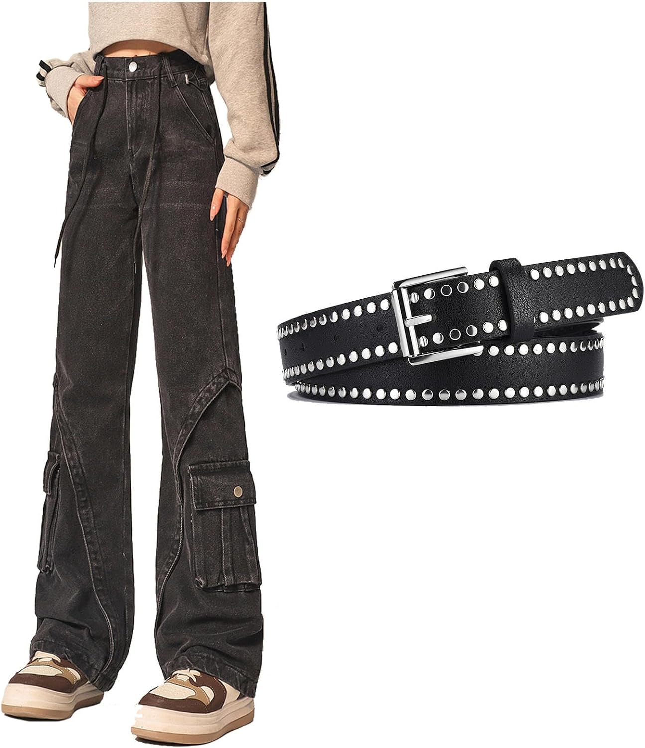 Straight Jeans High Waist Women's Y2K Grunge High Street Overall Denim Pants with Drawstring Baggy Jeans,BK90-S