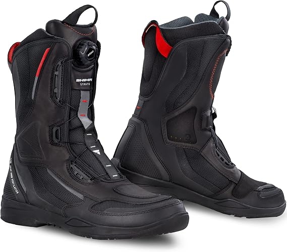 SHIMA STRATO Motorcycle Boots for Men - Vented, Reinforced Lightweight Long Biker Riding Boots with ATOP Fast-Closure System, Ankle Protection, Non-slip Sole, Reflective Panels (Black, 7,5)