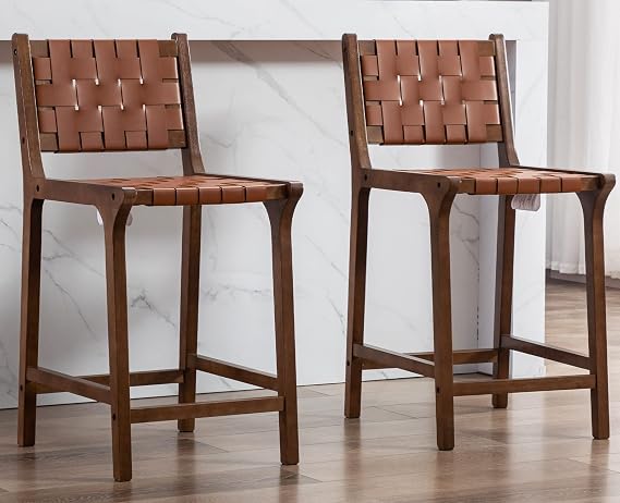 Kmax Counter Height Bar Stools 23.5 Inch Farmhouse Bar Stools Faux Leather Woven Straps with Wood Legs Footrest for Kitchen Island, Set of 2- Brown