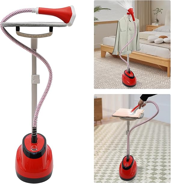 Professional Steamer for Clothes,Standing Garment Steamer,Pants Press,Steam Fabric Steamer,Standing Steamer, Cloth Steamer with Ironing Board,Red,110V,1350W,for Suits,Knitwear