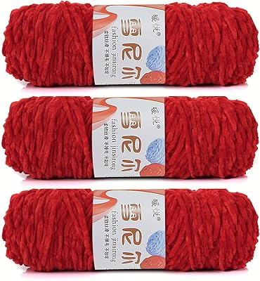 Chenille Yarn for Crocheting & Knitting, Soft Velvet Yarn, 3 Skeins, 100gSkein Red