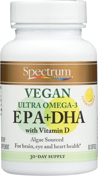 Spectrum Essentials Soft Gels, Vegan Ultra Omega-3 EPA and DHA with Vitamin D, 60 Count