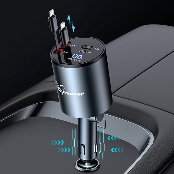 Retractable Car Charger,68W Super Fast USB Car Phone Charger,Dual iPhone Retractable Cables (31.5 inch) and 2 USB Ports Car Charger Adapter for Samsung Galaxy S23+/S23/ S22 iPhone 15/14,iPad