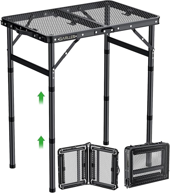 GARLLEN Foldable BBQ Table 58 x 40 cm and 3 Height Adjustable (26/48/70 cm) Lightweight and Portable Folding Table Camping Table Side Table Garden Table Picnic Table Small Grill Table for
